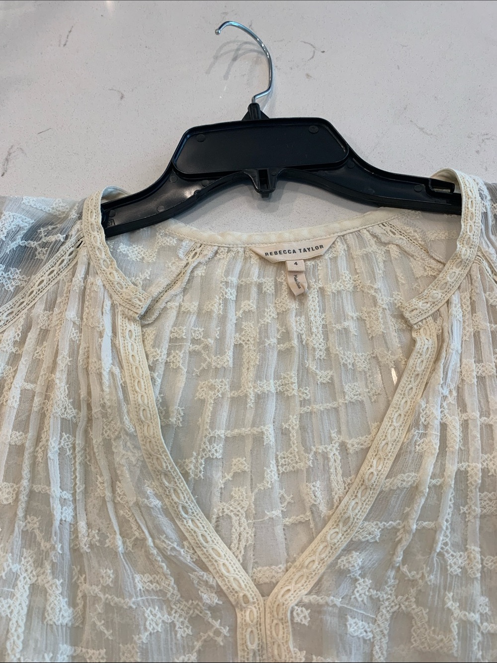 Rebecca Taylor Cream Textured V-Neck Flowy silk blouse 4 - Picture 8 of 8